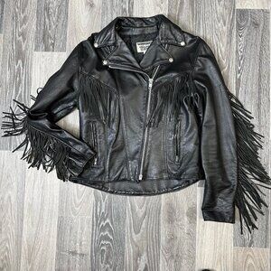 Vintage Leather Motorcycle Jacket 80s Black Fringe Biker Punk Coat L 12 Womens